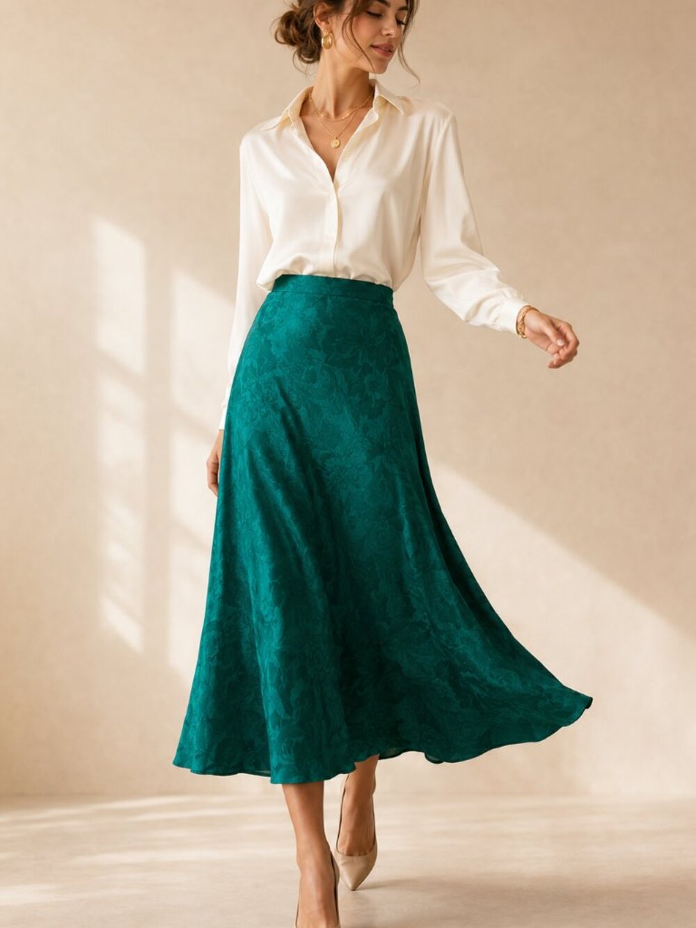 Vintage Green Floral Jacquard Silk A-Line Midi Skirt Size 10